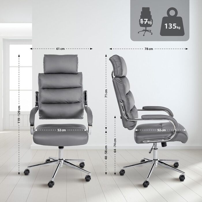 Офісне крісло CLP Campo з штучної шкіри: регульована висота та поворотний механізм, до 135 кг, з підлокітниками, сірий колір