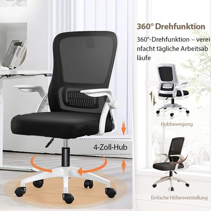 Ергономічне крісло для офісу з підйомними підлокітниками та підтримкою попереку, сітчаста спинка для комп'ютера - Homeoffice (Чорний та Білий), середній розмір