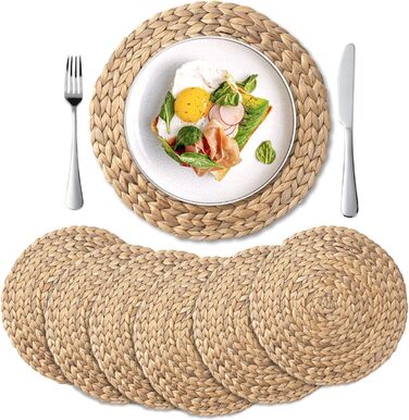 YANGQIHOME Placemats made of Water Hyacinth, Round Table Mats, Handmade Round Coasters, Plate Coasters for Dining Table and Boho Decor (Set of 6, 30 cm)