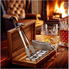 Камені для віскі Com-Four® з нержавіючої сталі - подарунчий набір (12 шт) з мішком та коробкою. Багаторазові камені для віскі, джину, тоніку та коньяку.