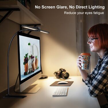 LED Desk Lamp with Adjustable Brightness, 1200 Lumens Dual Head Clamp-On for Home Office, Eye Protection Gooseneck Table Lamp, Monitor Light with 5 Color Temperature & Brightness Levels (Black Dual-Head Metal Base)