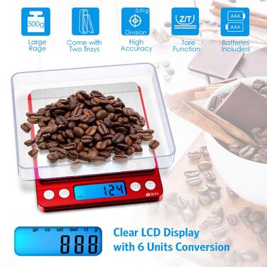 Електронні ваги Brifit 0.01g, 500g з калібрувальним набором 100g, функція Tara, PCS, 6 одиниць вимірювання (червоний)