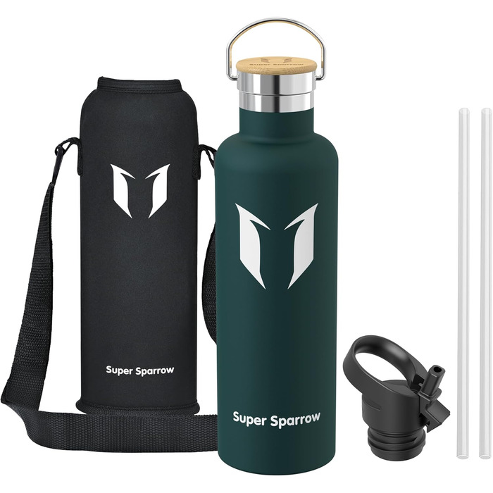 Термос-пляшка Super Sparrow з нержавіючої сталі 500мл/750мл/1л, дитяча, для води, спорту, школи, фітнесу - без BPA, з двома кришками (1000мл, нефритовий)