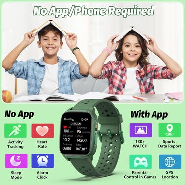 Дитячий розумний годинник Kinder з 140 спортивними режимами, фітнес-трекер, вимірювання пульсу, ігри-головоломки, IP68 вологозахист, без використання додатку/телефону, подарунок для хлопчиків-підлітків 6-15 років, зелений