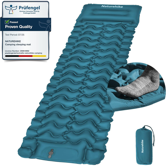 Килимок для кемпінгу Naturehike, ультралегкий надувний, з інтегрованим насосом, для велосипедних походів та наметів, синій, одинарний
