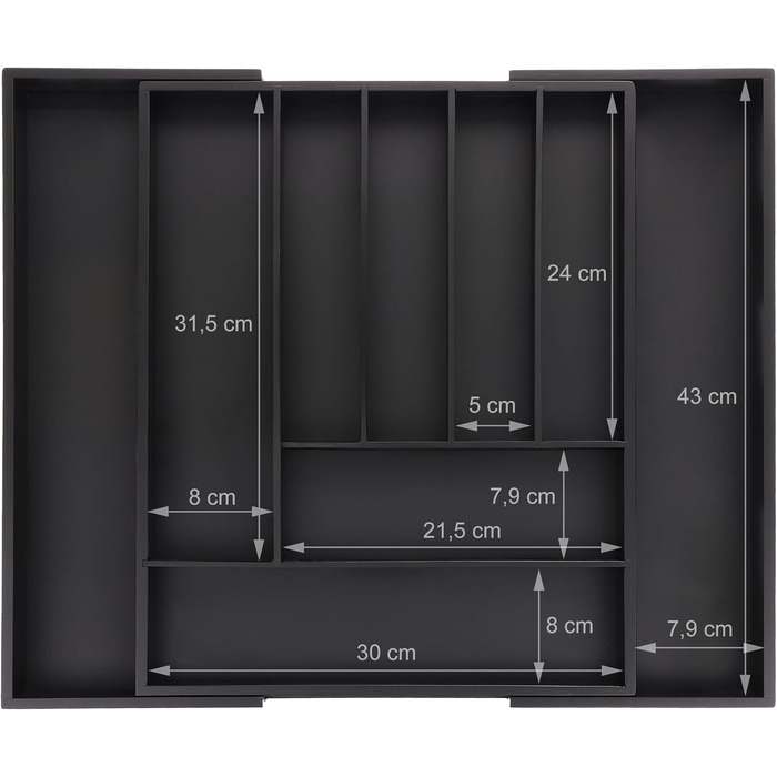 Relaxdays Cutlery Box Extendable, Bamboo, HBT: 5 x 33.5-49.5 x 44.5 cm, 7-9 Compartments, Cutlery Insert Drawer, Black