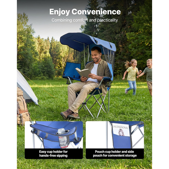 Складний стілець VEVOR для кемпінгу, риболовлі та пікніків, 150 кг, з парасолькою, підсклянниками та кишенею для журналів, темно-синій