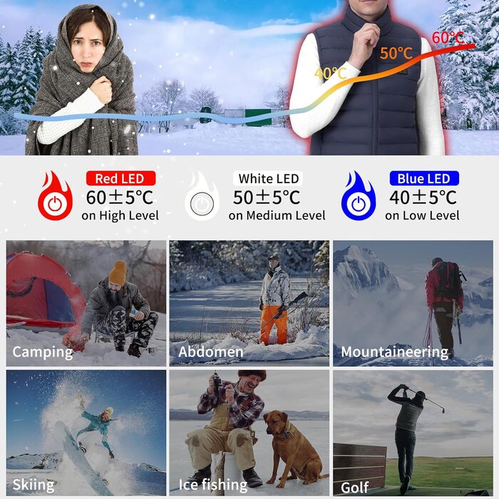 Обогревна жилетка для чоловіків: тепла зимова жилетка з акумулятором 5V 10000 mAh, 3 режими температури, придатна для прання, для активного відпочинку (XL, Синій)