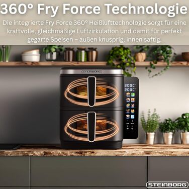 Фритюрниця Steinborg® з подвійною камерою, 11 літрів, фритюрниця без олії, гриль, духовка, сушка, 2 вертикальні шухляди (5,5л+5,5л)