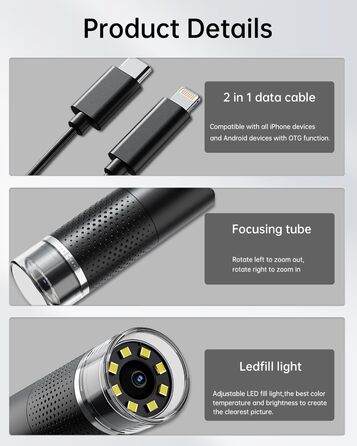 USB мікроскоп для смартфона, 1080P HD, 10-200x, з LED підсвічуванням, сумісний з iOS, Android, Tablet