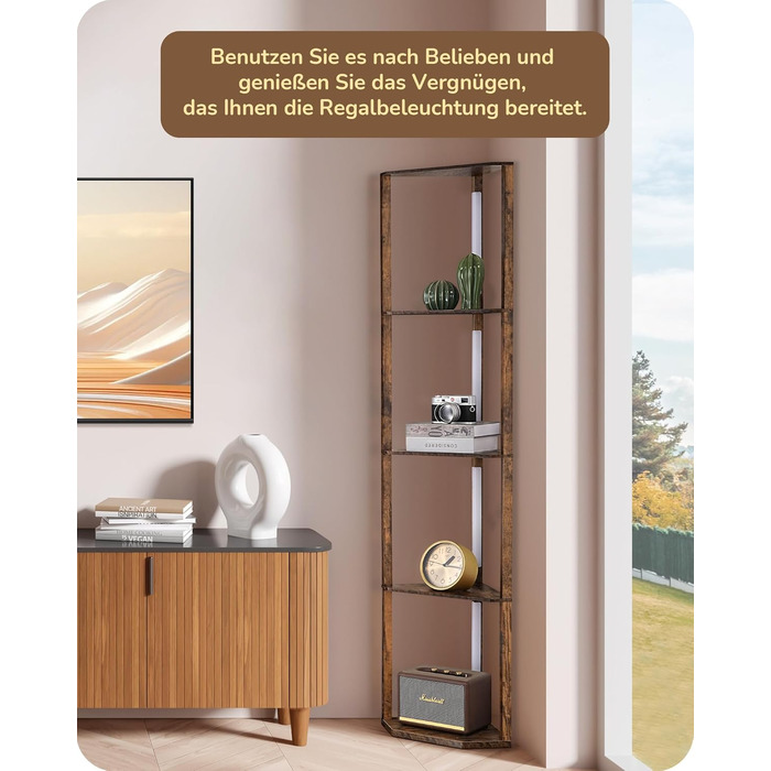 LED торшер EDISHINE з 4 дерев'яними полицями, регульоване освітлення, 3 колірні температури, поворотний світловий стержень, підсвічування полиць, футовий вимикач, вінтажний коричневий