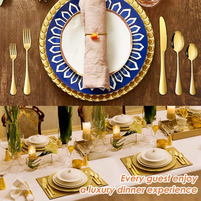 Набір столових приборів OGORI для 6 осіб, 30 предметів, з дзеркально відполірованим золотим покриттям, 18/10 нержавіюча сталь, набір столових приборів для дому/вечірки/ресторану (у подарунковій коробці). Набір столових приборів для 6 осіб (набір столових 