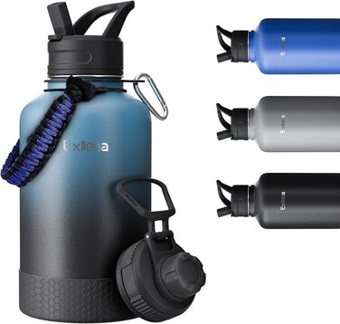 2L Stainless Steel Water Bottle with Straw, Double-Insulated Water Bottle 2 Liter with Two Lids and Protective Silicone Boot, Practical Paracord Handle for Carrying - Gradient Color