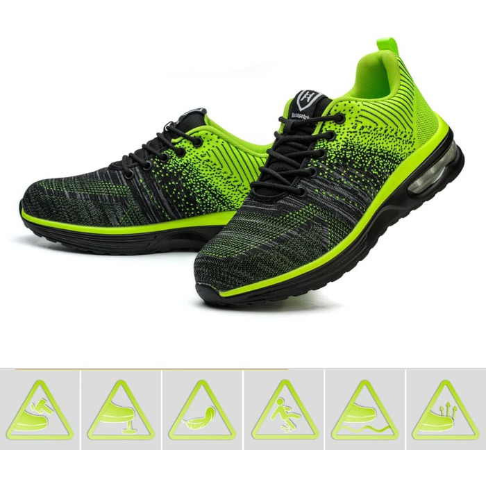 Легкі робочі черевики для чоловіків та жінок. Безпечні, неслизькі, спортивного стилю, зі сталевим підноском. Дихаючі, робочі черевики (42 EU, Зелений)