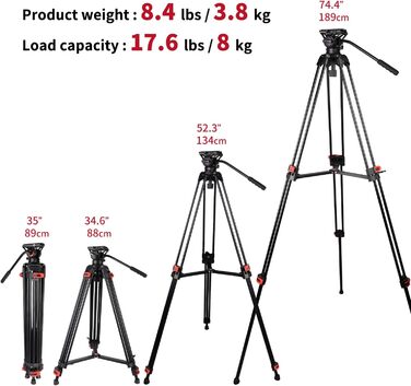Штатив для камери COMAN 186 см з алюмінію - тринога з поворотним кріпленням 360° та нахилом ±90°, відеоштатив, сумісний з DJI Rs, Manfrotto, максимальне навантаження 10 кг (Q5)