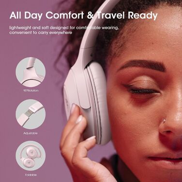 DOQAUS Бездротові навушники Bluetooth, 70 годин роботи, Bluetooth 5.3, Over-Ear, 3 режими EQ, HiFi стерео, з мікрофоном, складні, з м'якими амбушурами, рожеві