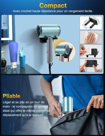 Фен 2400W складний іонний, професійний туристичний, з гарячою/холодною кнопкою, 3 режими нагріву, AC мотор, з насадкою-дифузором та сумкою для зберігання (сіро-блакитний)