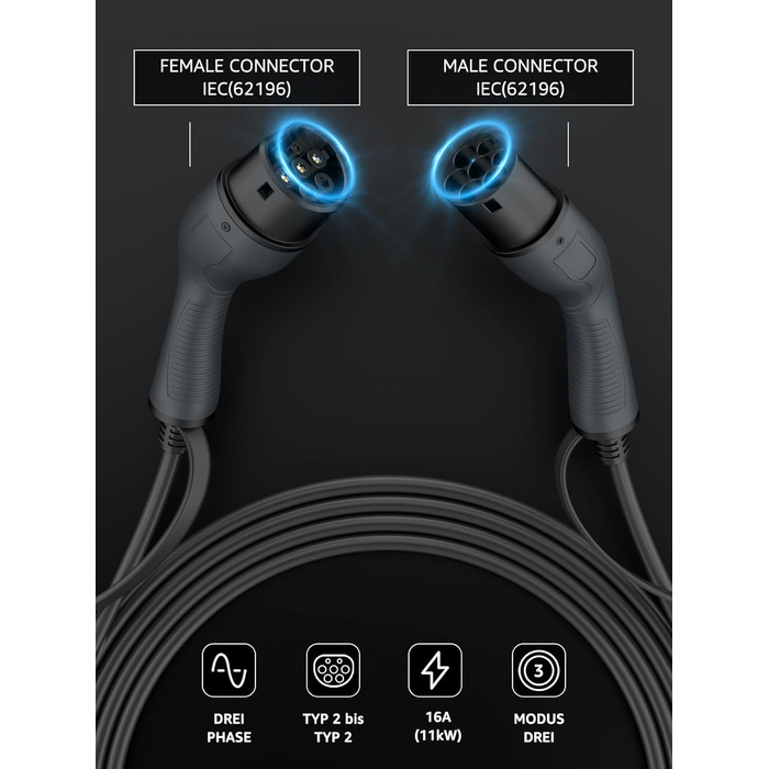 Кабель для зарядки електромобіля Bokman Typ 2, 11kW, 16A, 3-фазний, 8м, Modus 3 (Typ 2 на Typ 2) з сумкою та мікрофіброю
