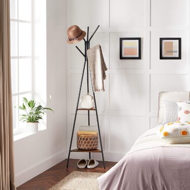 VASAGLE Coat Rack in Tree Shape, Clothes Rack, Freestanding Wardrobe, Industrial Design, with 2 Shelves, for Clothes, Hats, Bags, Vintage Brown-Black RCR16BXV1