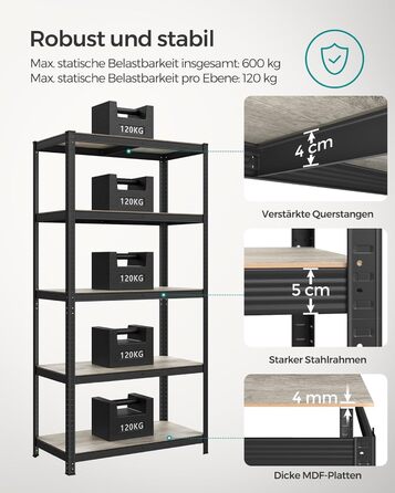 SONGMICS Industrial 5-Tier Shelf Unit - Greige & Black (50x100x200 cm)