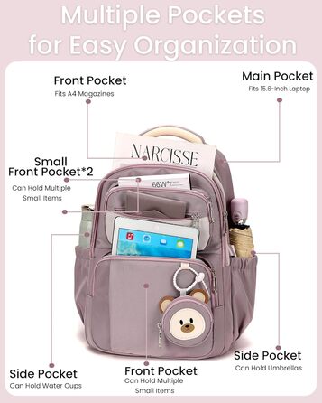 Шкільний рюкзак Makukke для дівчаток, водонепроникний, 30л, для 5 класу, з милим брелоком, зелений