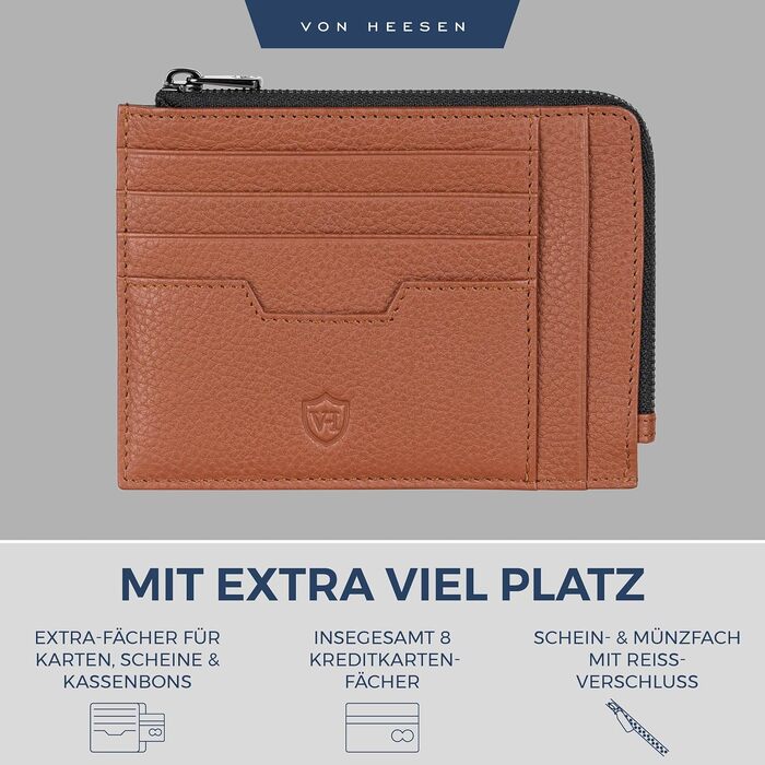 Шкіряний RFID картхолдер VON HEESEN з наппа-шкіри, портмоне для кредитних карток на 9 відділень, унісекс (Коньячний коричневий)