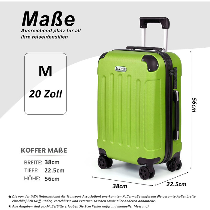 Чемодан ручної поклажі TANTOI: жорсткий корпус, телескопічна ручка, кодовий замок, зелений (M)