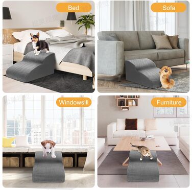 Dog stairs for small dogs, 3 steps pet stairs, cat stairs, sponge dog ramp for sofa bed, dog steps with removable cover, washable pet ladder, lint roller included, grey
