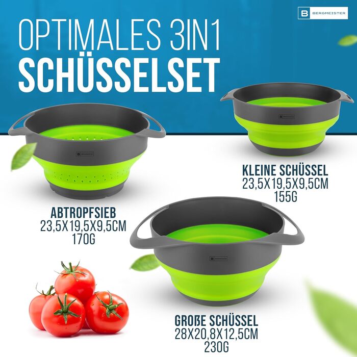 Bergmeister® Foldable Bowl Set 3in1 with Strainer 1.7L / 2.8L Multifunctional, Dishwasher-Safe, Space-Saving Marvel for Every Home and Outdoor Camping Kitchen