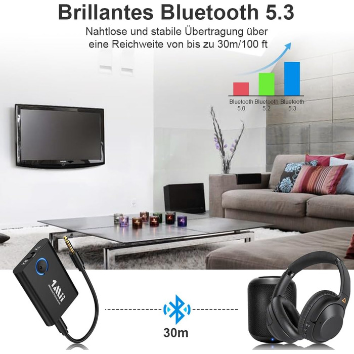 1Mii Bluetooth 5.3 адаптер для телевізора та навушників, 2-в-1 передавач/приймач, aptX-Adaptive & HD аудіо, 3.5 мм роз'єм, для стереосистеми, літака, MP3, чорний