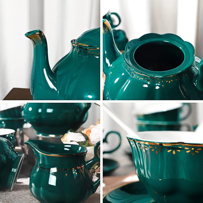 Fanquare 21-Piece Vintage Porcelain Tea Set, Dark Green Coffee Set with Teapot, Milk Jug, Sugar Bowl, Saucers, and Spoons for 6 People