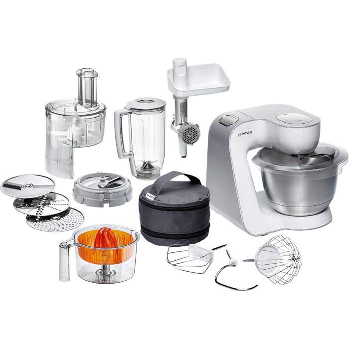 Bosch Kitchen Machine Series 4 MUM54251, 3.9 L Bowl, 1.25 L Mixer, Meat Grinder, Citrus Press, Dicer, Dough Hook, Beater, Whisk, Continuous Slicer, 3 Discs, 900 W, White/Silver