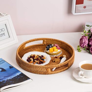 Sziqiqi Rattan Serving Tray with Handles 35cm Hand-woven Wicker Tray Rattan Tray Rustic Decorative Tray for Breakfast, Drinks, Snacks, Bread for Coffee Table Bar Dinner Parties