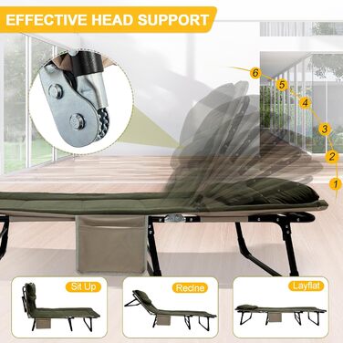 Розкладне ліжко-крісло для кемпінгу з матрацом, 6 положень спинки, ліжко для риболовлі, Outdoor ліжко XXL, 65x190x30 см, 1-місне, для відпочинку на природі