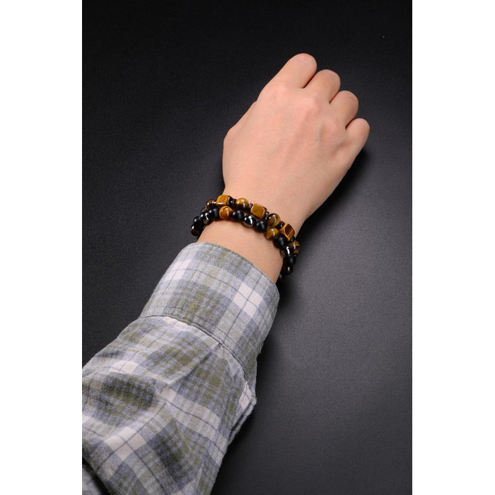 Чоловічий браслет з перлами та мінералами (набір 2 шт): тигрове око, гематит, чорний агат. Браслети з натурального каміння для чоловіків. Набір браслетів-чокерів з мінералами. Стильний аксесуар, духовний подарунок для чоловіка.