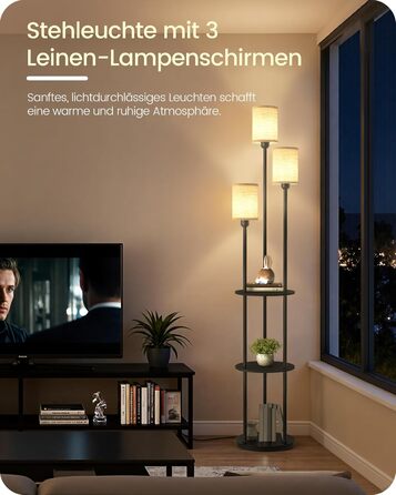 Стельова лампа для вітальні з поличкою, 3-хламкова лампа на ніжці з полицею Vintage, Бохо підлогова лампа з дерева з вимикачем на ніжці, патрон E27, ретро-дизайн, рустикальний коричнево-бежевий колір ZEF53LDD05 (Бежевий, Чорний)