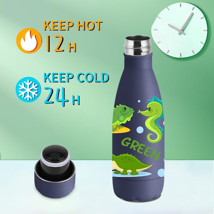 Термос Vikaster 500 мл, термофляга з нержавіючої сталі, без BPA, не протікає, багаторазовий. Ідеально для велосипеда, кемпінгу, йоги, спортзалу, фітнесу, школи, подорожей, активного відпочинку. (350 мл, Темно-синій, Динозавр)