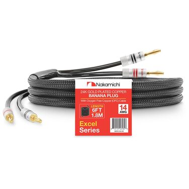 Nakamichi Бананові штекери 24K позолочені з кабелем для колонок 1.8м (14AWG) OFC, чорні - для домашнього кінотеатру та підсилювача