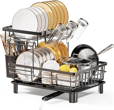LIONONLY Dish Drainer Rack, Small 2-Tier Dish Rack with Drip Bowl, Stainless Steel Dish Drainer with Utensil Holder, Drink Holder and Swivel Spout, Dish Drying Rack Kitchen