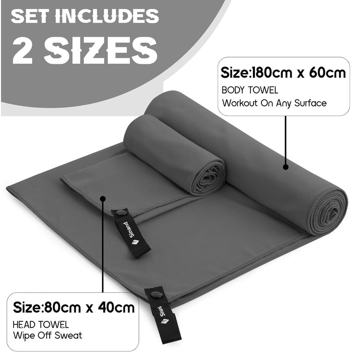 Набір рушників з мікрофібри 2 шт. | 180x60 см великий рушник для душу + 80x40 см маленький рушник для обличчя | Швидковисихаючі рушники з мікрофібри, спортивний рушник для фітнесу, пляжу, тренажерного залу (темно-сірий)