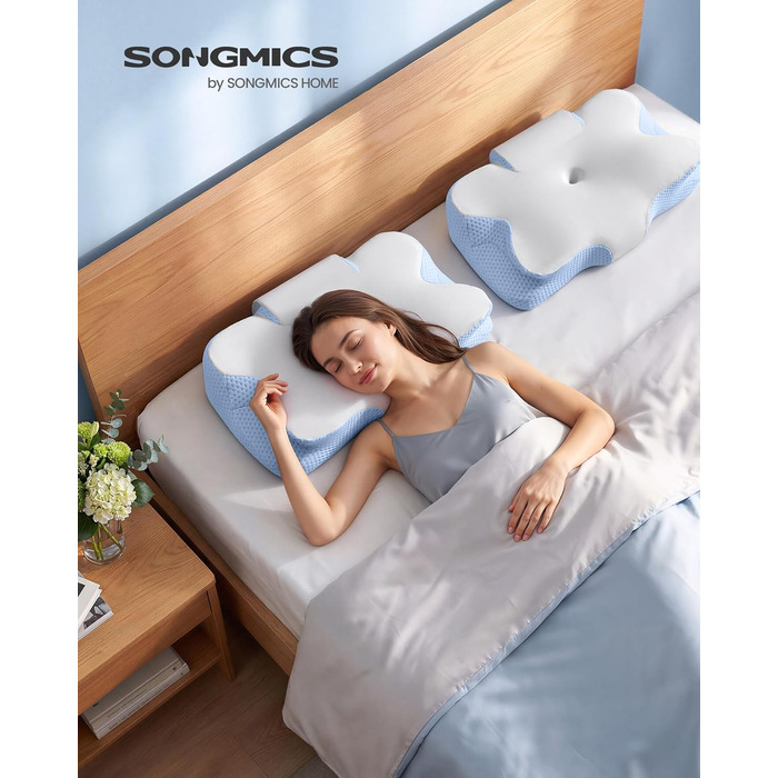 Подушка SONGMICS ергономічна з Memory Foam, регульована висота, для сну на боці, спині та животі, колір: блакитно-білий (TBP051GZ02)