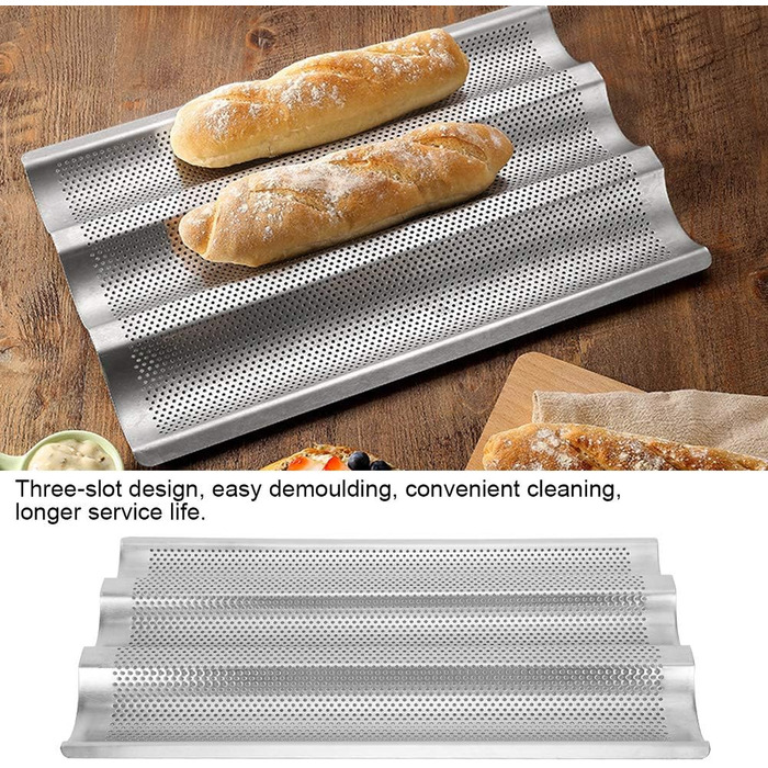 BuyWeek Baguette Baking Sheet, 3-Groove Stainless Steel Baguette Baking Mold French Bread Baking Sheet Pan Kitchen Baking Tool Silver