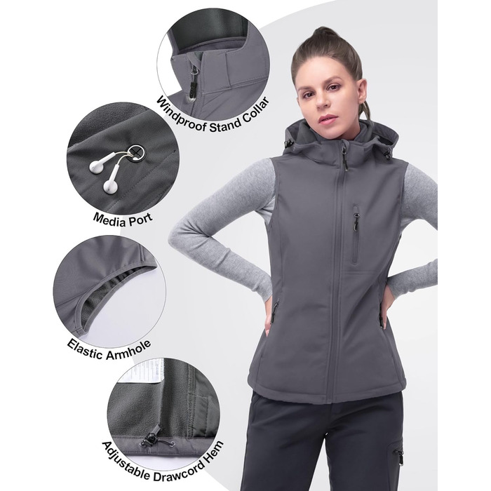 Жіночий софтшеллова жилетка 33000ft з капюшоном, флісовою підкладкою та 5 кишенями для їзди, бігу, піших прогулянок (4XL, світло-сірий)
