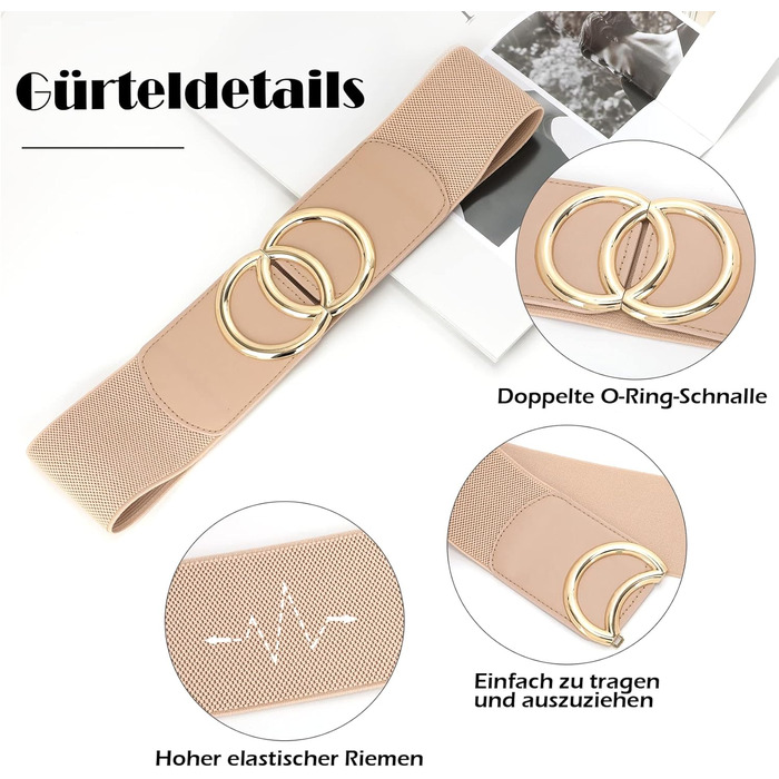 Жіночий широкий еластичний пояс JasGood вінтажний, бежевий, 70 см (під талію 71-80 см) з золотою пряжкою
