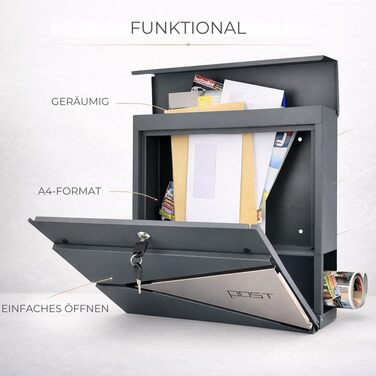 Поштовий ящик Verda з газетницею, нержавіюча сталь, антрацит, 2 ключі - дизайнерський настінний поштовий ящик з прихованим замком