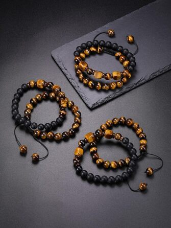 Чоловічий браслет з перлами та мінералами (Тігрове око, Гематит, Ахат) - набір 2 шт.