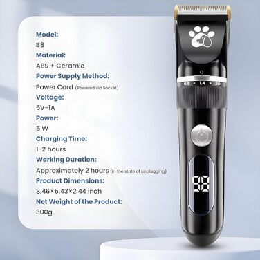 Професійний собачий триммер для собак та котів, бездротовий, 2 швидкості, LED-дисплей, IPX5, для собак та котів середніх та малих порід