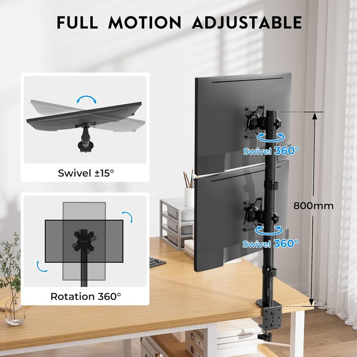 Кріплення для двох моніторів BONTEC, 13-34 дюйми, регулювання висоти, поворот, до 10 кг на монітор, VESA, кабель-менеджмент, кріплення на стіл, ергономічне для офісу та геймінгу
