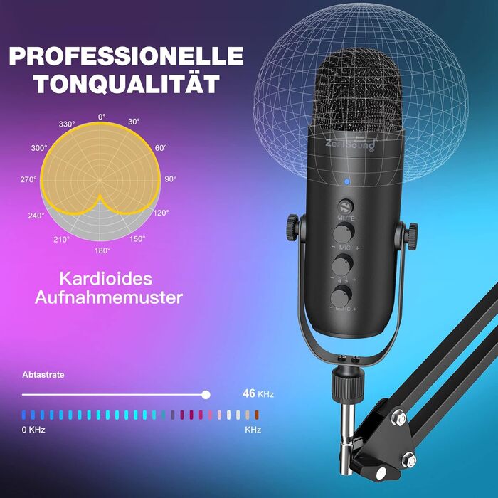 Zealsound USB мікрофон для подкастів та вокалу з шумозаглушенням (чорний) для ПК, телефону, YouTube, PS5, iPhone, Mac. З підставкою-держателем та адаптерами.