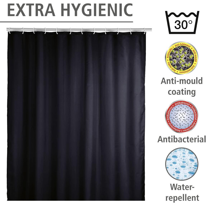 Штора для душу WENKO Anti-Schimmel чорна, текстильна, антигрибкова, водонепроникна, з кільцями, 180x200 см
